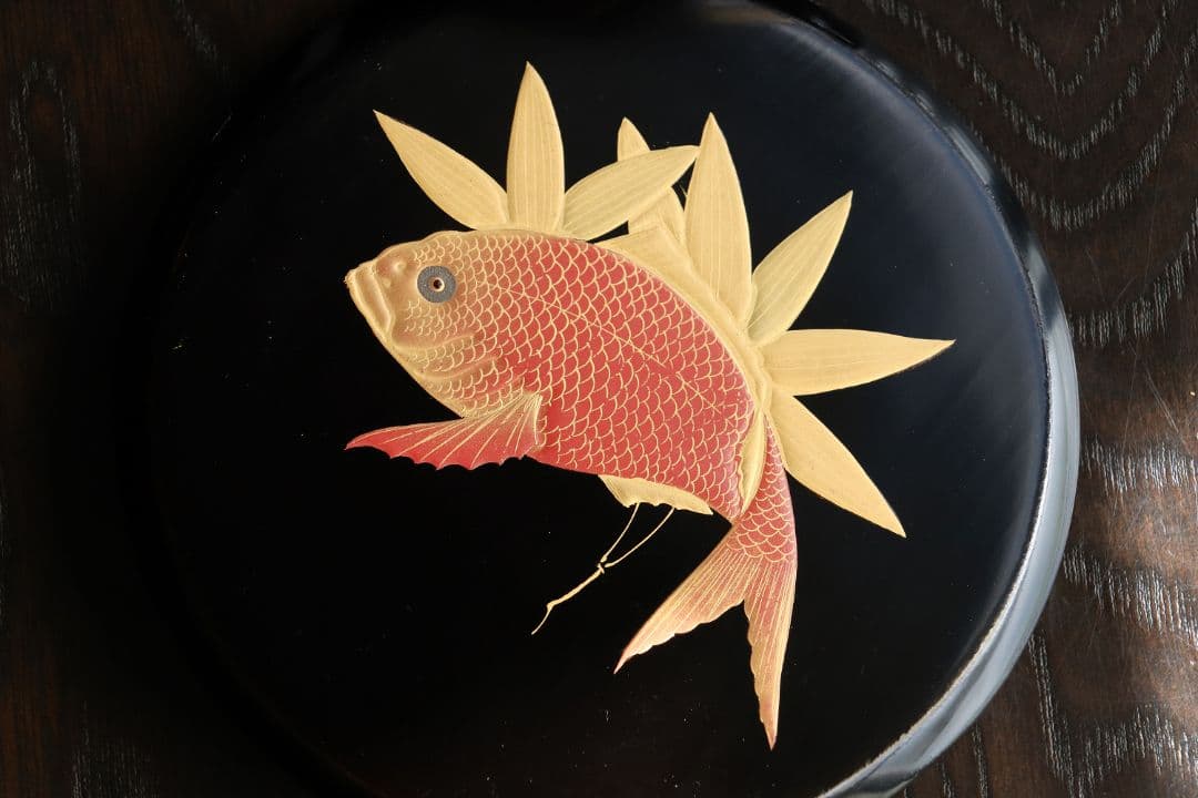 MA27 木製漆器 鍋形菓子椀 十客 鯛蒔絵 金蒔絵 色蒔絵 黒塗 木箱 魚