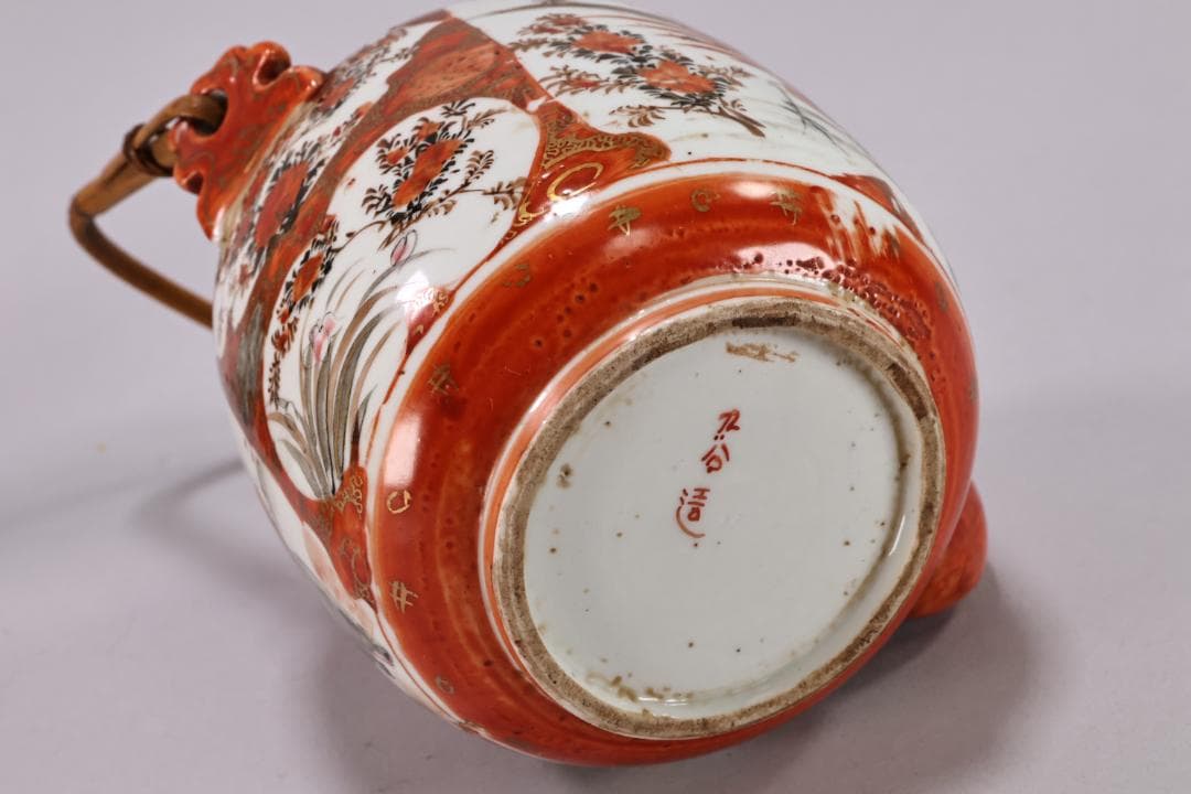 明治期　九谷造　赤絵　花鳥唐子図　注水　急須　重さ347ｇ　茶道具　煎茶道具