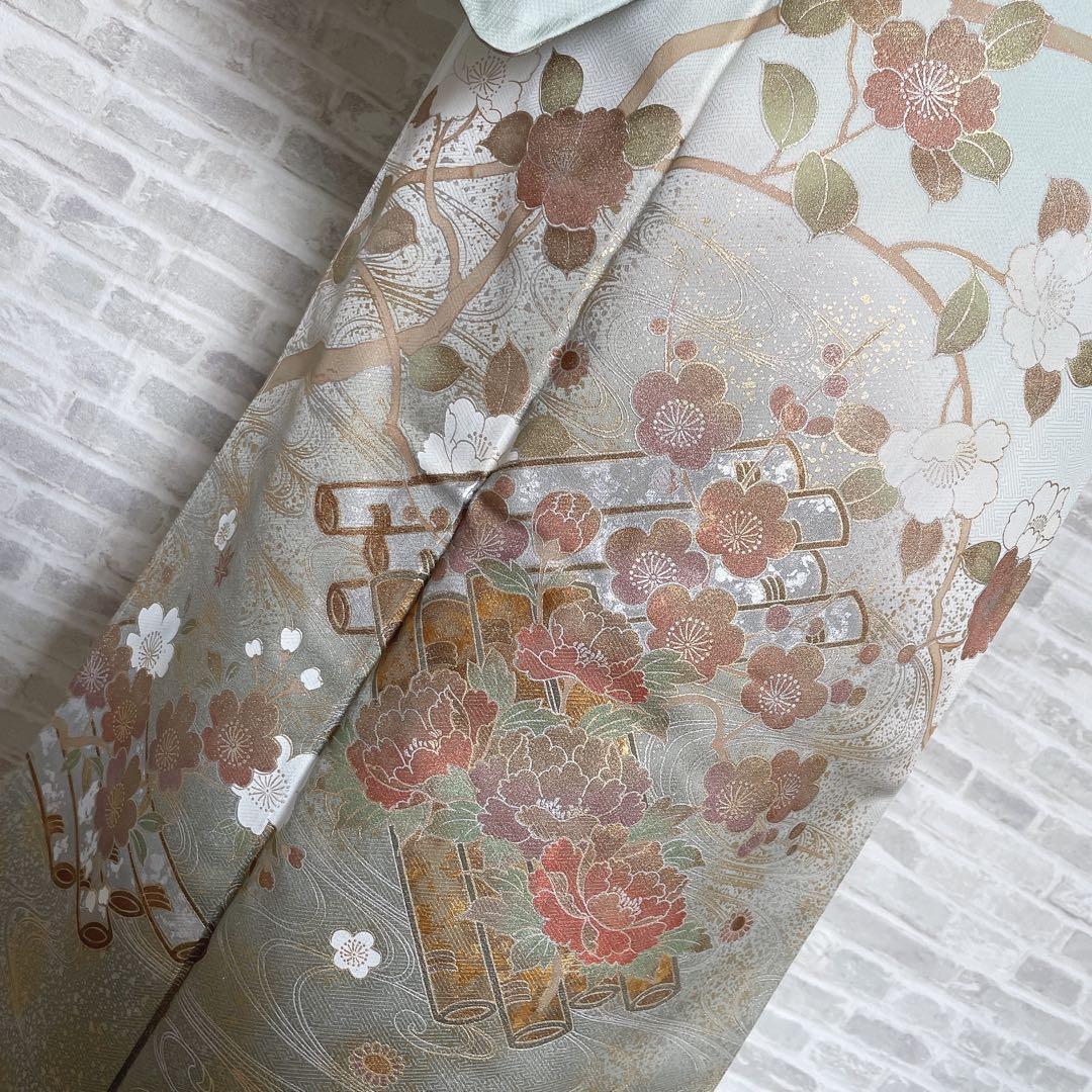 訪問着　フルセット　桜の木　花筏　綸子　入学式　卒業式　春めく　着物　Q5