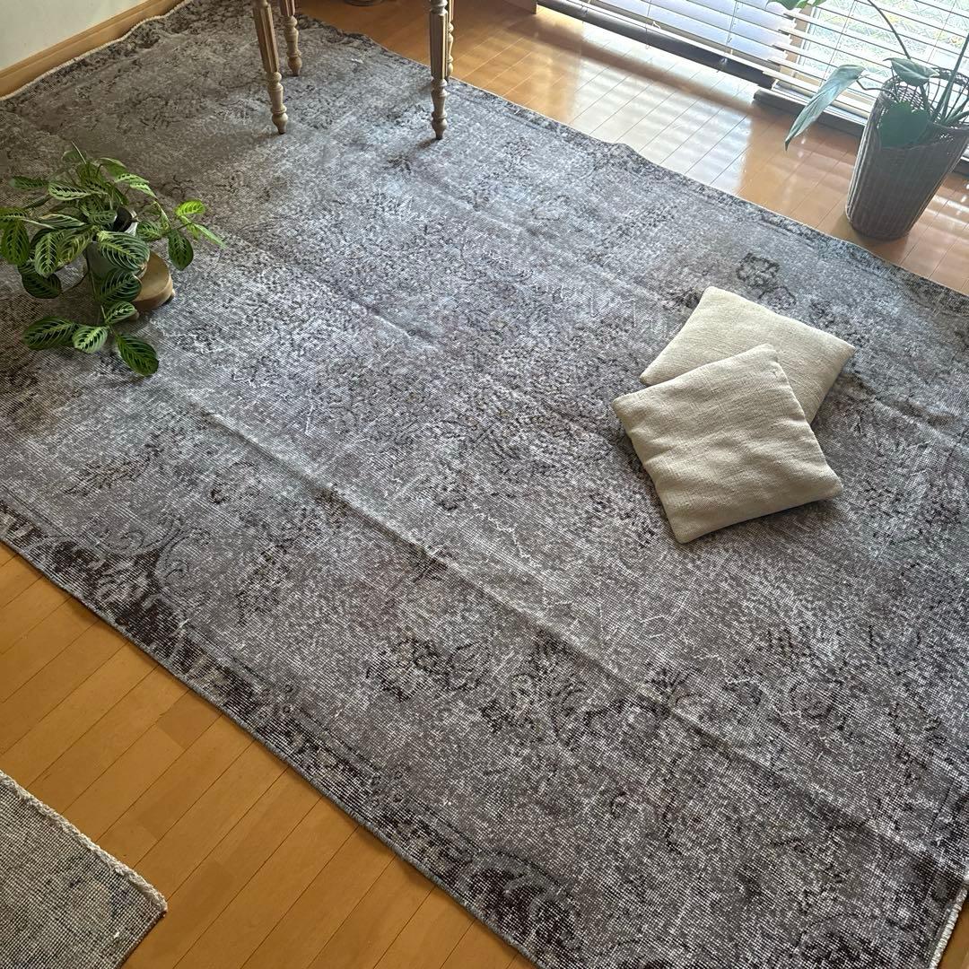超大判182×293 貴重グレイオーバーダイ　メダリオン　トルコヴィンテージラグ