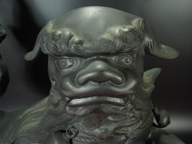 大型 銅獅子 玉乗 置物 c536