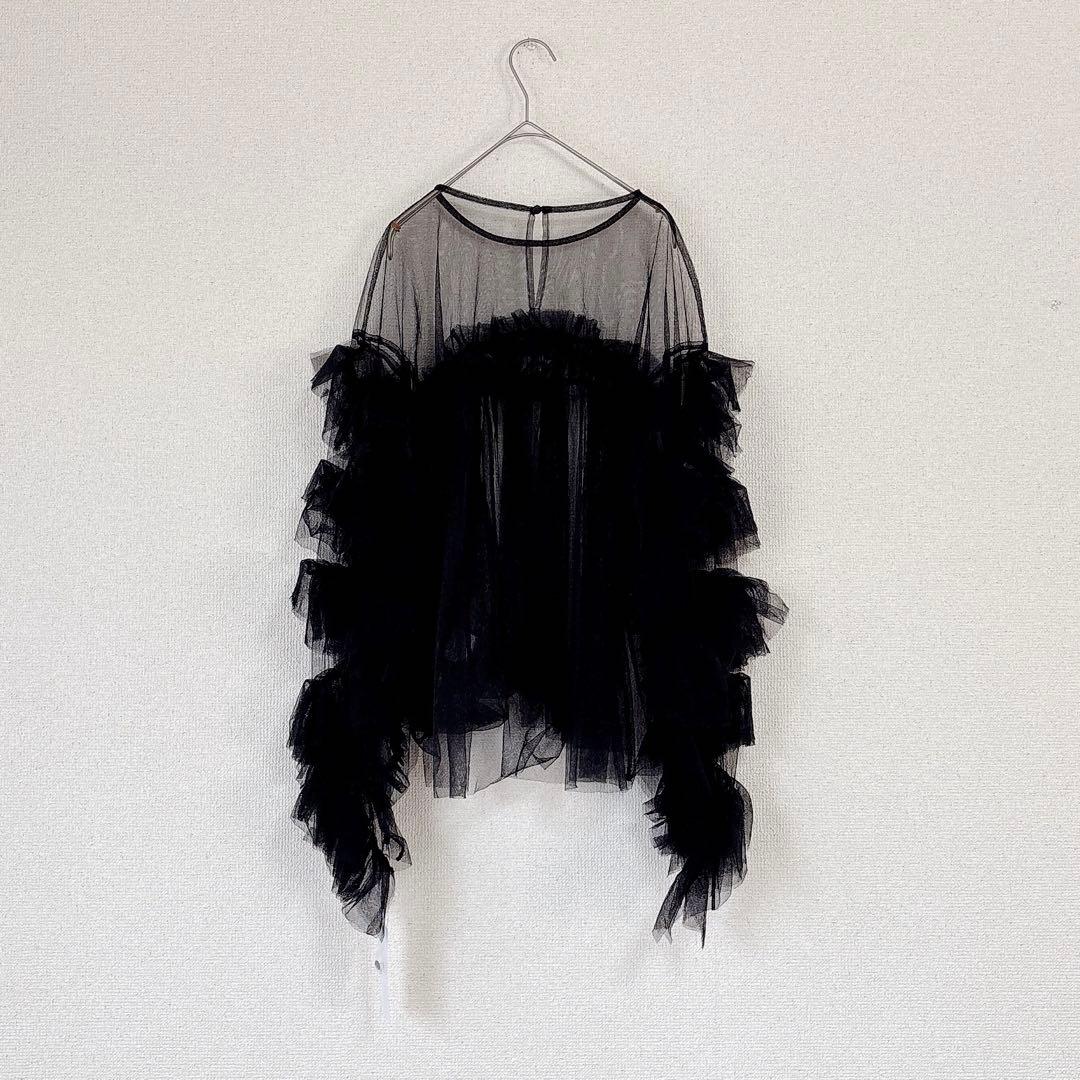 【新品タグ付き】ANDRESD／チュールレース ギャザー ブラウス／ブラック／Ｆ