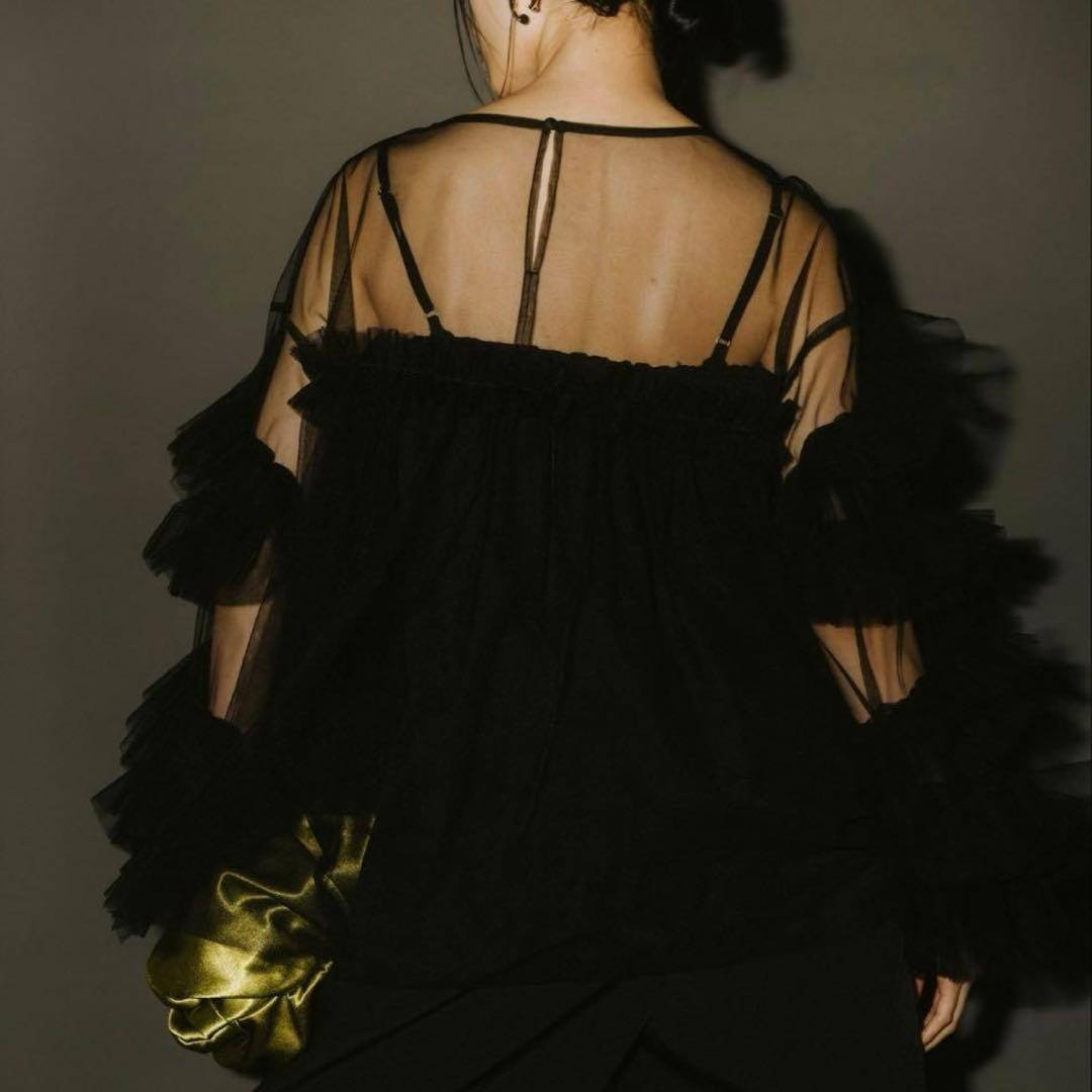 【新品タグ付き】ANDRESD／チュールレース ギャザー ブラウス／ブラック／Ｆ