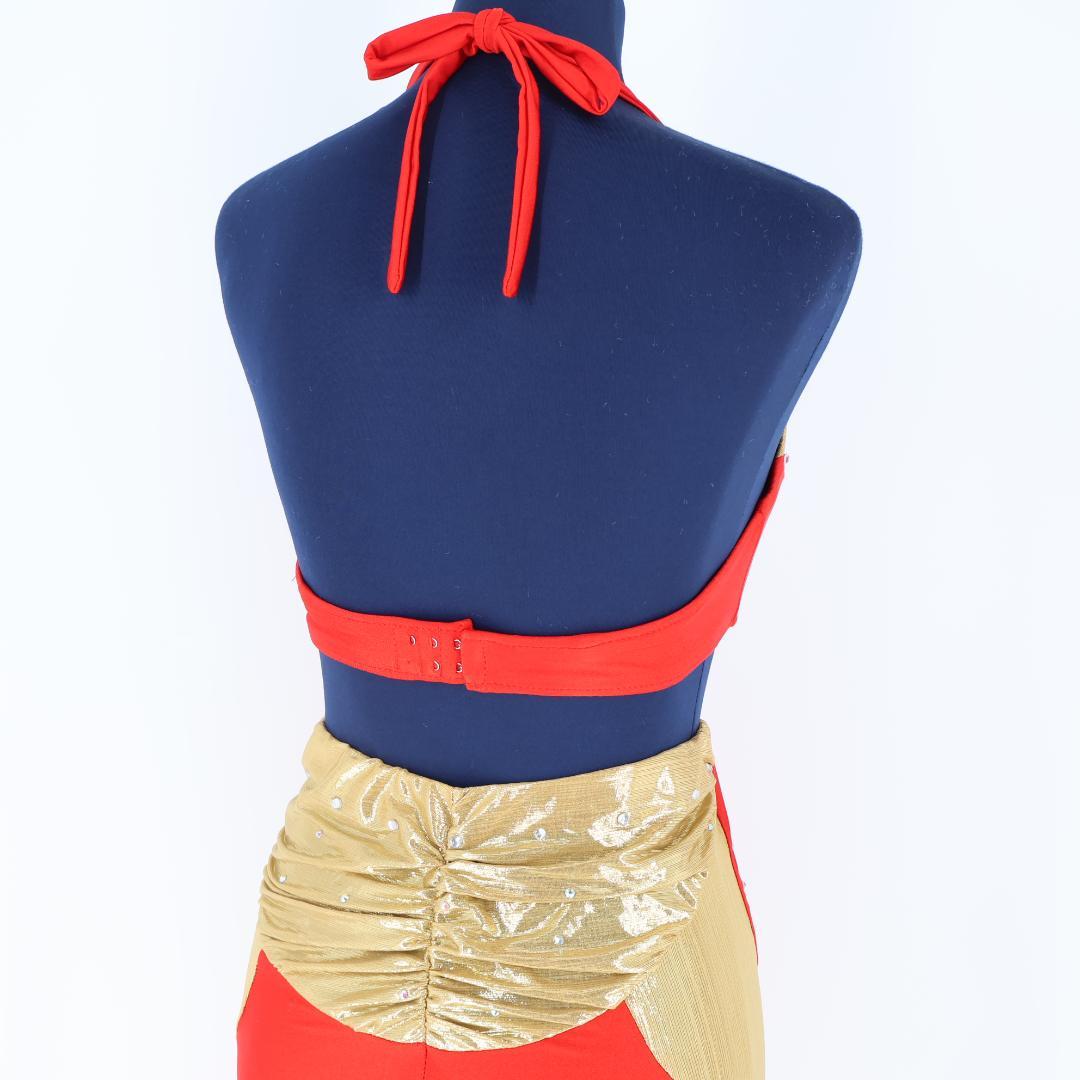 【ベリーダンス用 オリエンタル衣装】レッド×ゴールド ストーンラメ タイト 赤