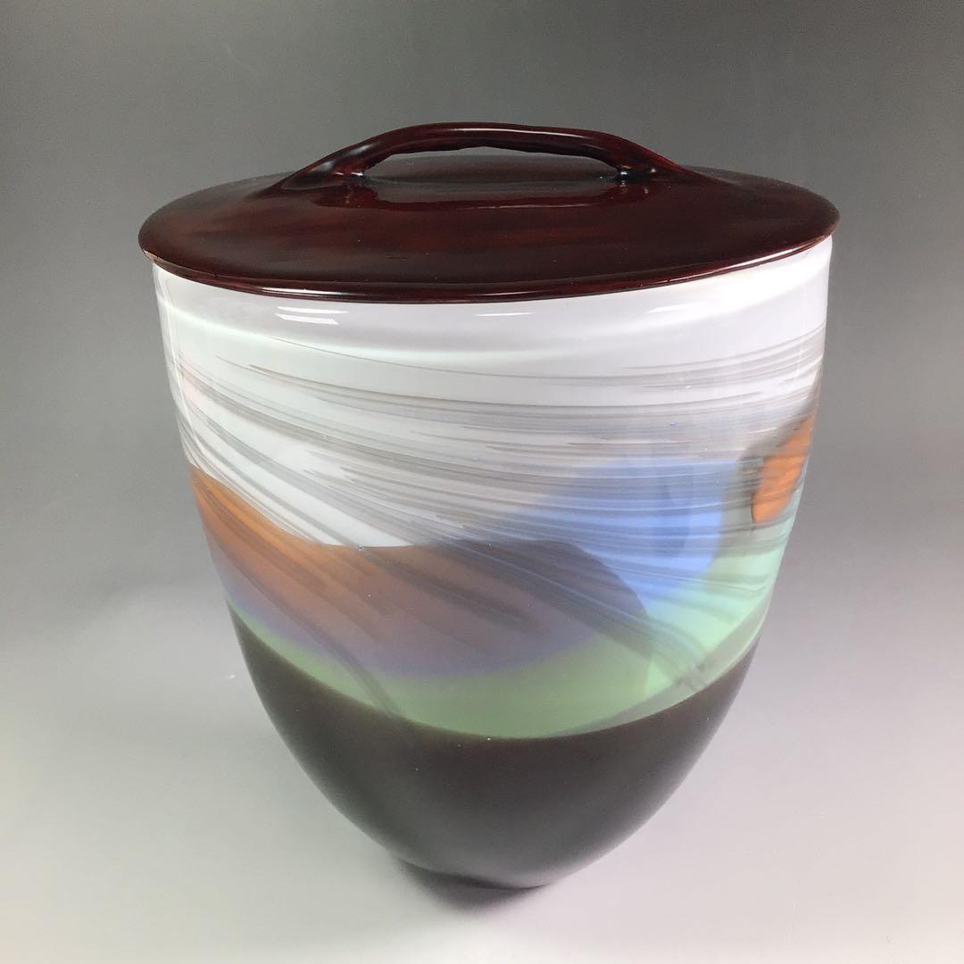 Ｒ５６２　水指　『倉本陽子作』『ガラス製』『竹蓋』『陵線の風景』　共箱　茶道具