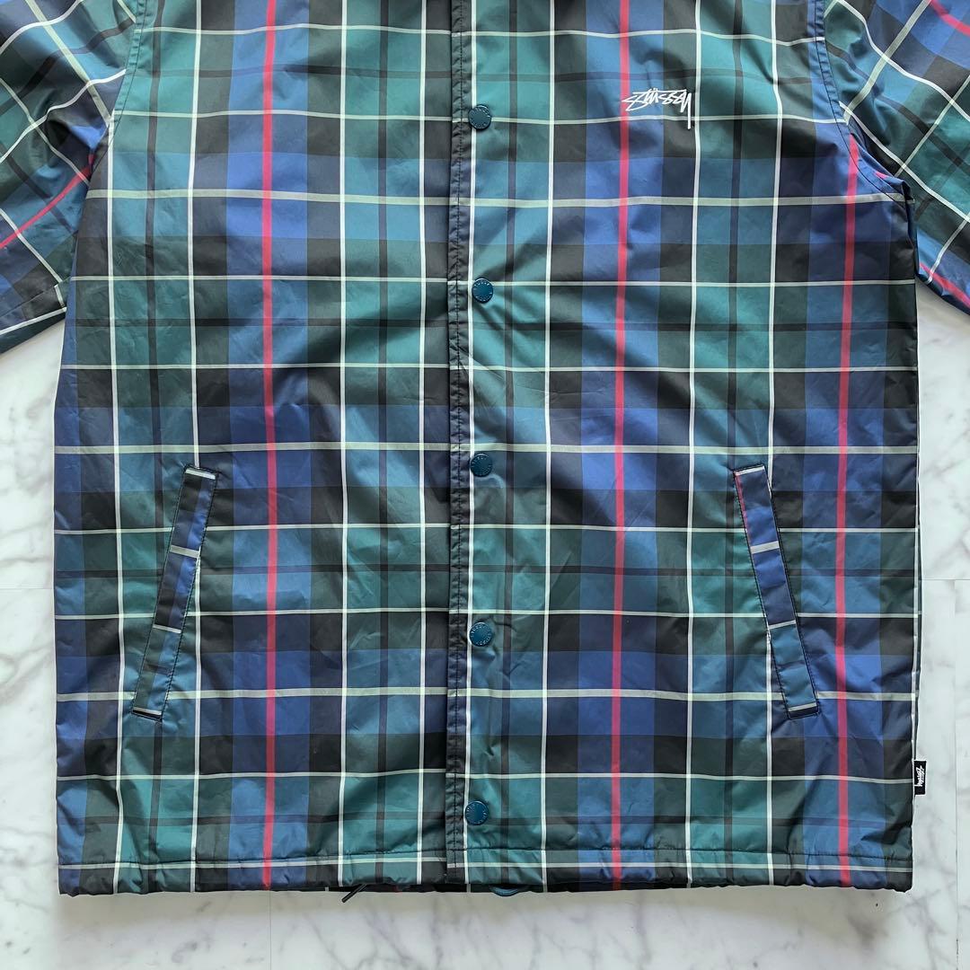 【美品✨】Stussy チェック柄 コーチジャケット ロゴ刺繍 緑 Mサイズ