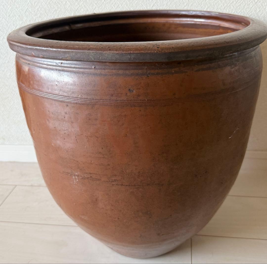 ツボ　メダカ　睡蓮　庭　壺　風情　常滑焼？ 陶器製 円筒形 鉢 約30cm以上