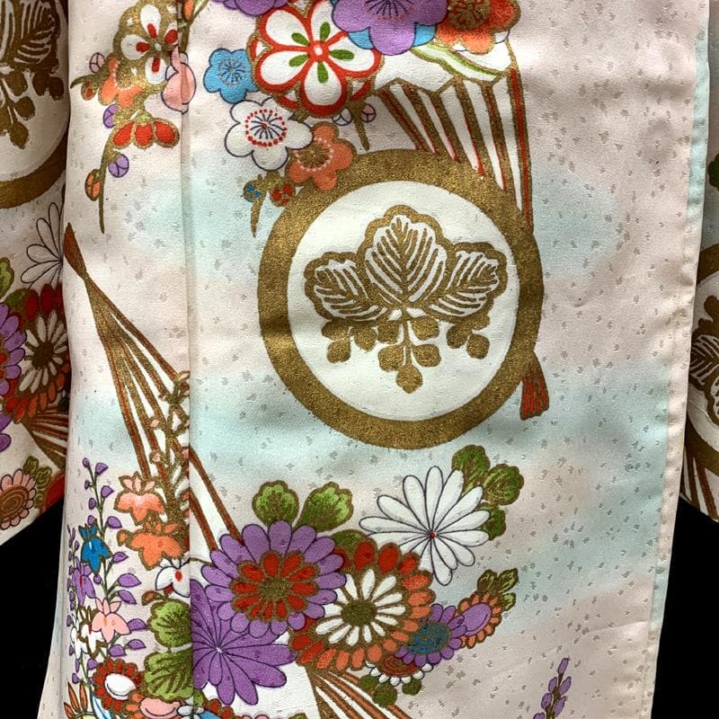 601ag27□七五三 七歳 セミアンティーク 女児 着物&袋帯 扇に花□良好
