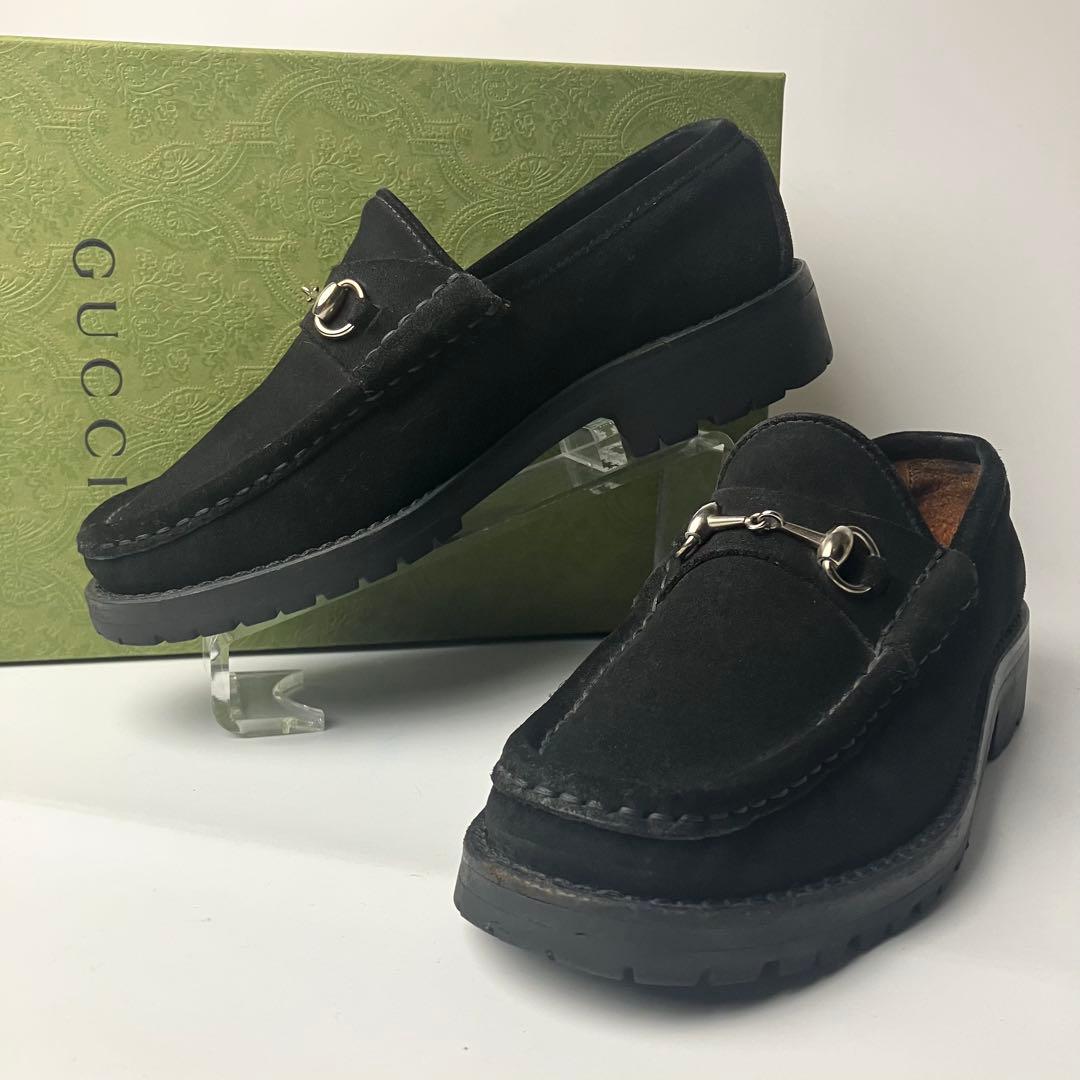 【美品】GUCCI ラグソール　スクエアトゥ　ホースビットローファー　22.5黒