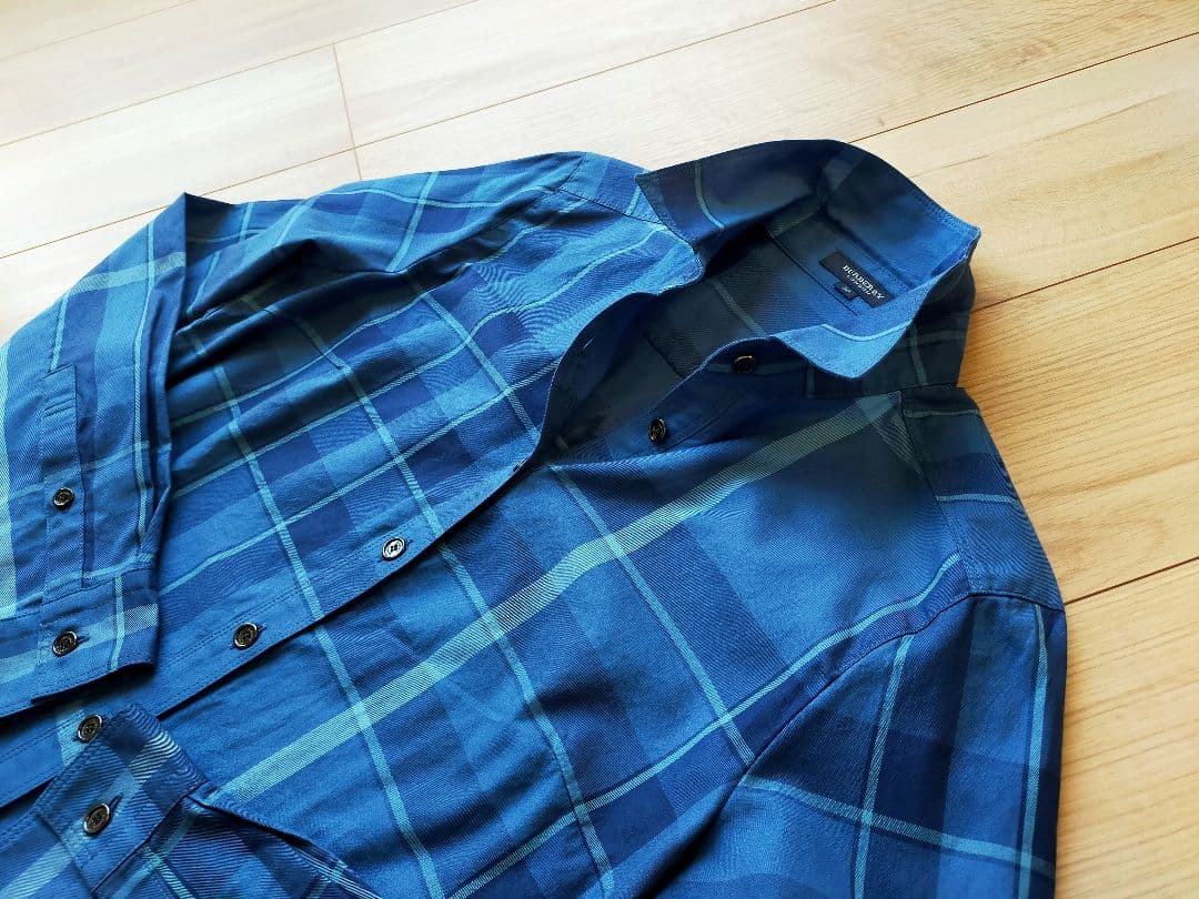 美品バーバリーロンドン 青ブルーチェック 長袖シャツ ブラウス38三陽商会