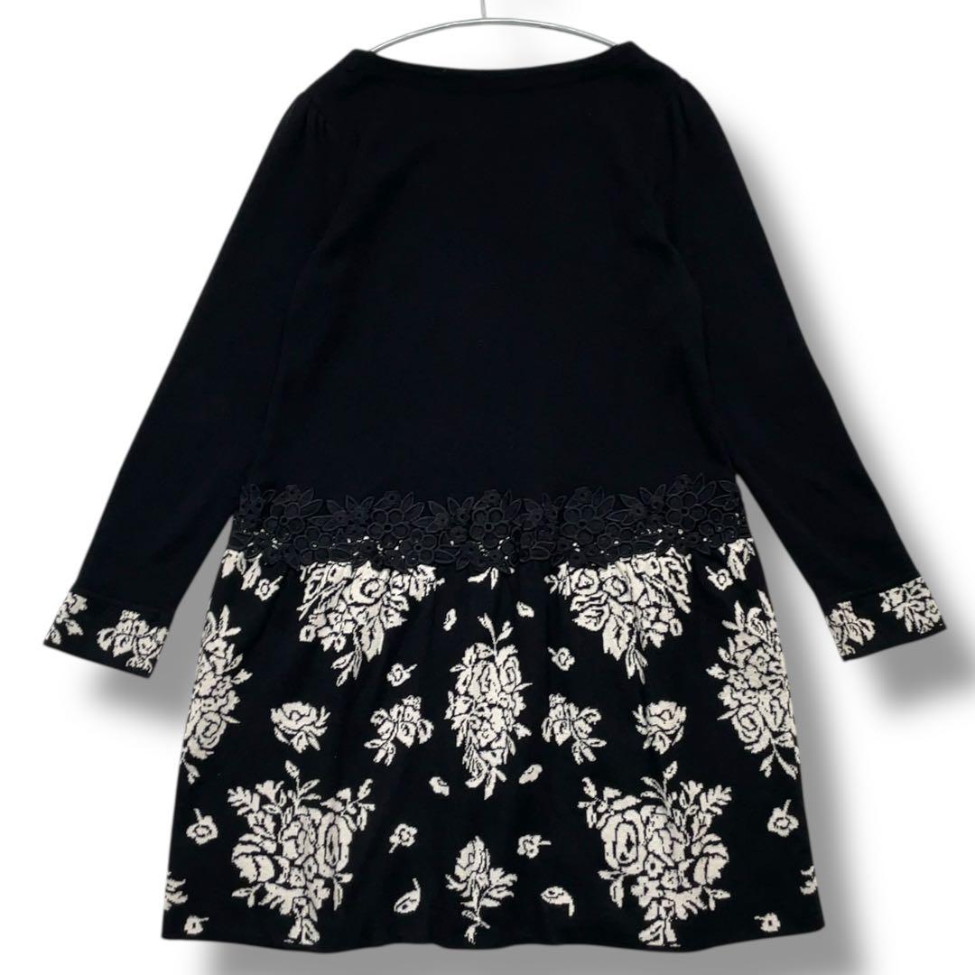 美品 スーパービューティー 花柄 ジャガード ビジュー ニットワンピース 42