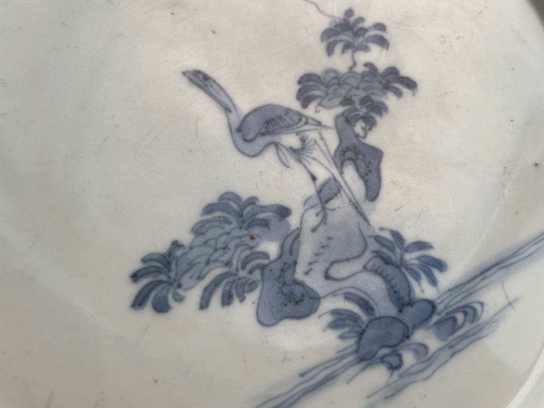 骨董　アンティーク　藍柿右衛門　染付　花鳥文　輪花七寸皿　白磁　古伊万里　藍九谷