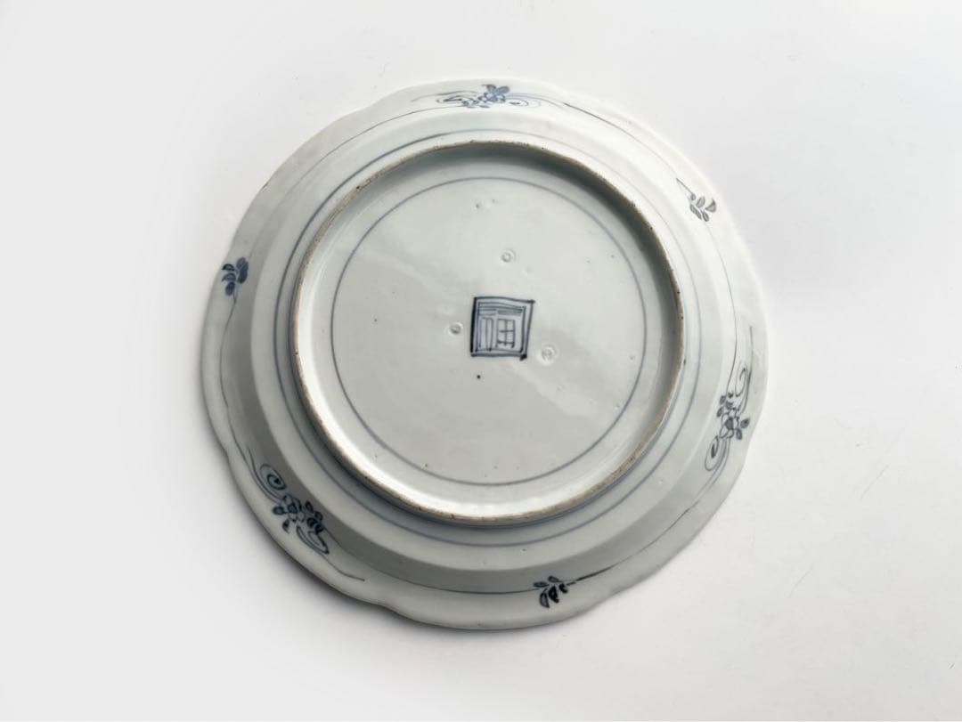骨董　アンティーク　藍柿右衛門　染付　花鳥文　輪花七寸皿　白磁　古伊万里　藍九谷