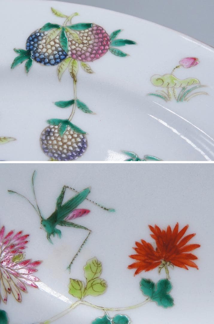 【瓷】　★ 瓷器 粉彩四季花卉紋折沿盤 ★　清代　蝶々 果物 手描文様　明清磁器