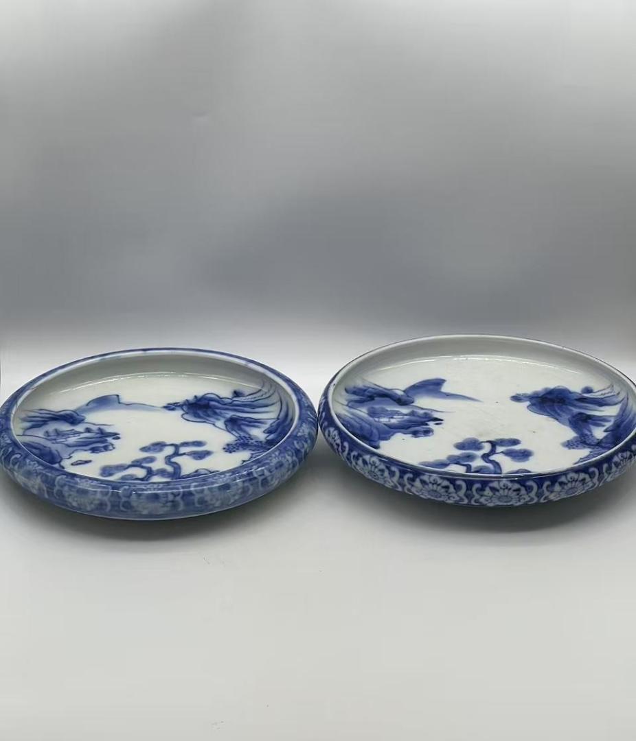 秋田焼　手描き染付山水画盛り鉢(B-47)