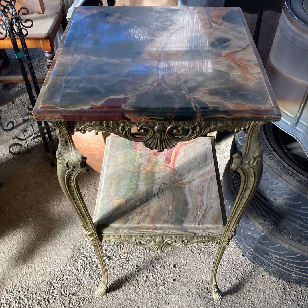 イタリア製 飾り棚 花台 大理石 オニキスロココ調 猫脚 2段 ゴールド 金色