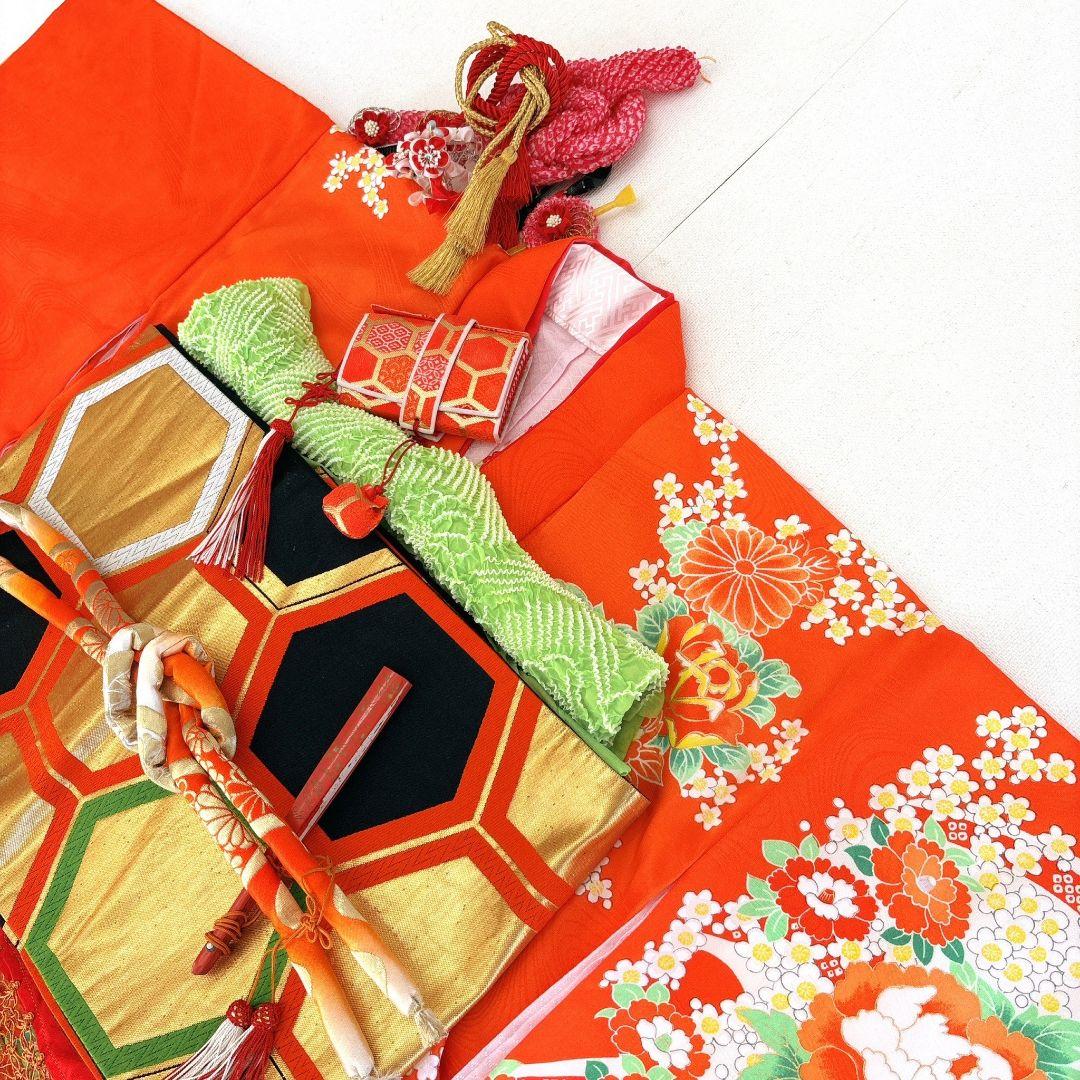 美品　フルセット　七五三７歳女の子　着物　化繊　オレンジ　51975
