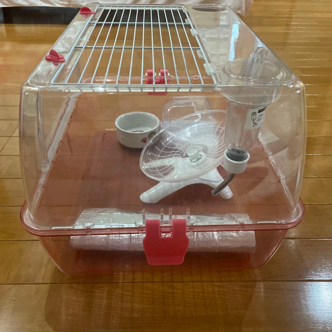 小動物用クリアケージ ホイール、ヒーター、トイレ、餌入れ、パイプ付き