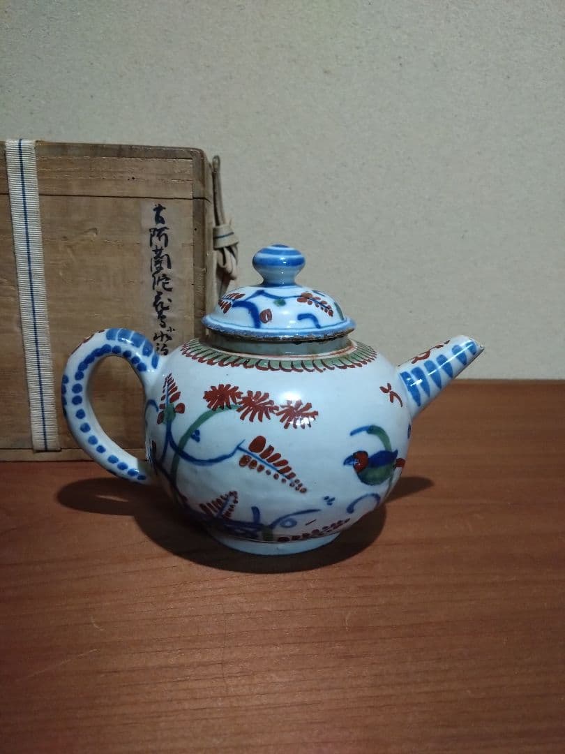 阿蘭陀    藍紅毛色絵 花鳥紋水注  急須