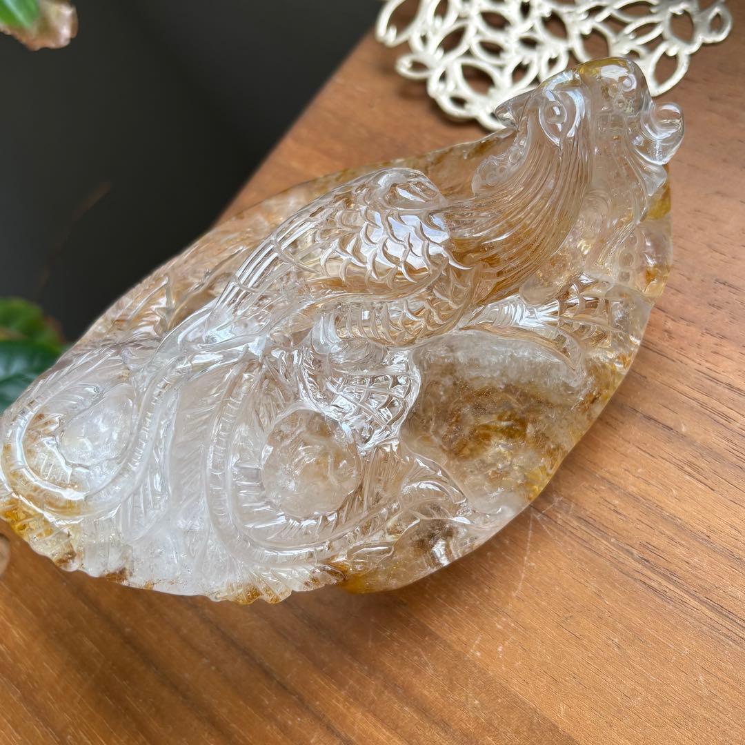 天然石 ゴールデンヒラー共生水晶 鳳凰 置物663g