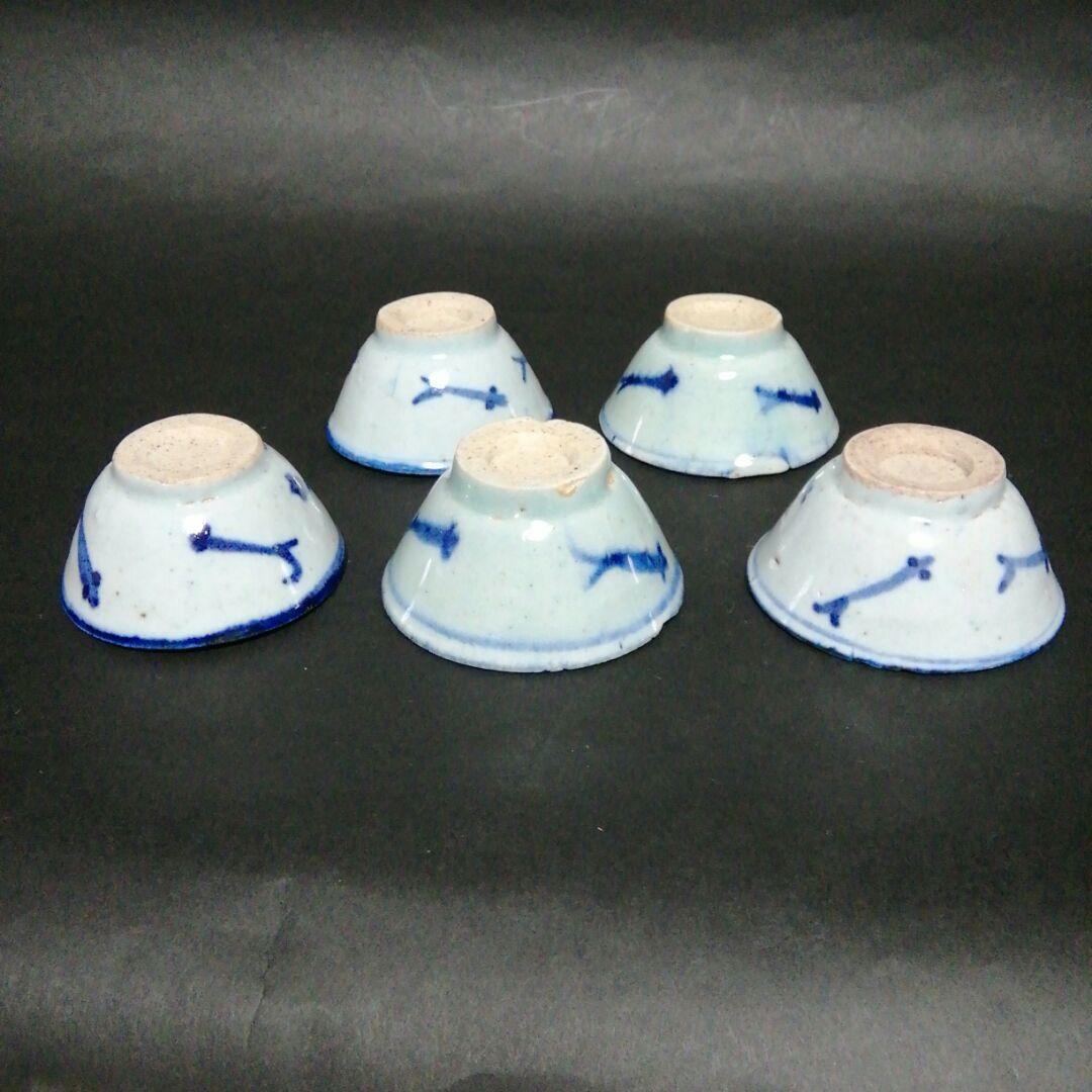 中国清朝　南京染付青花メダカ文酒盃　５客揃　南京染付　安南染付　清朝