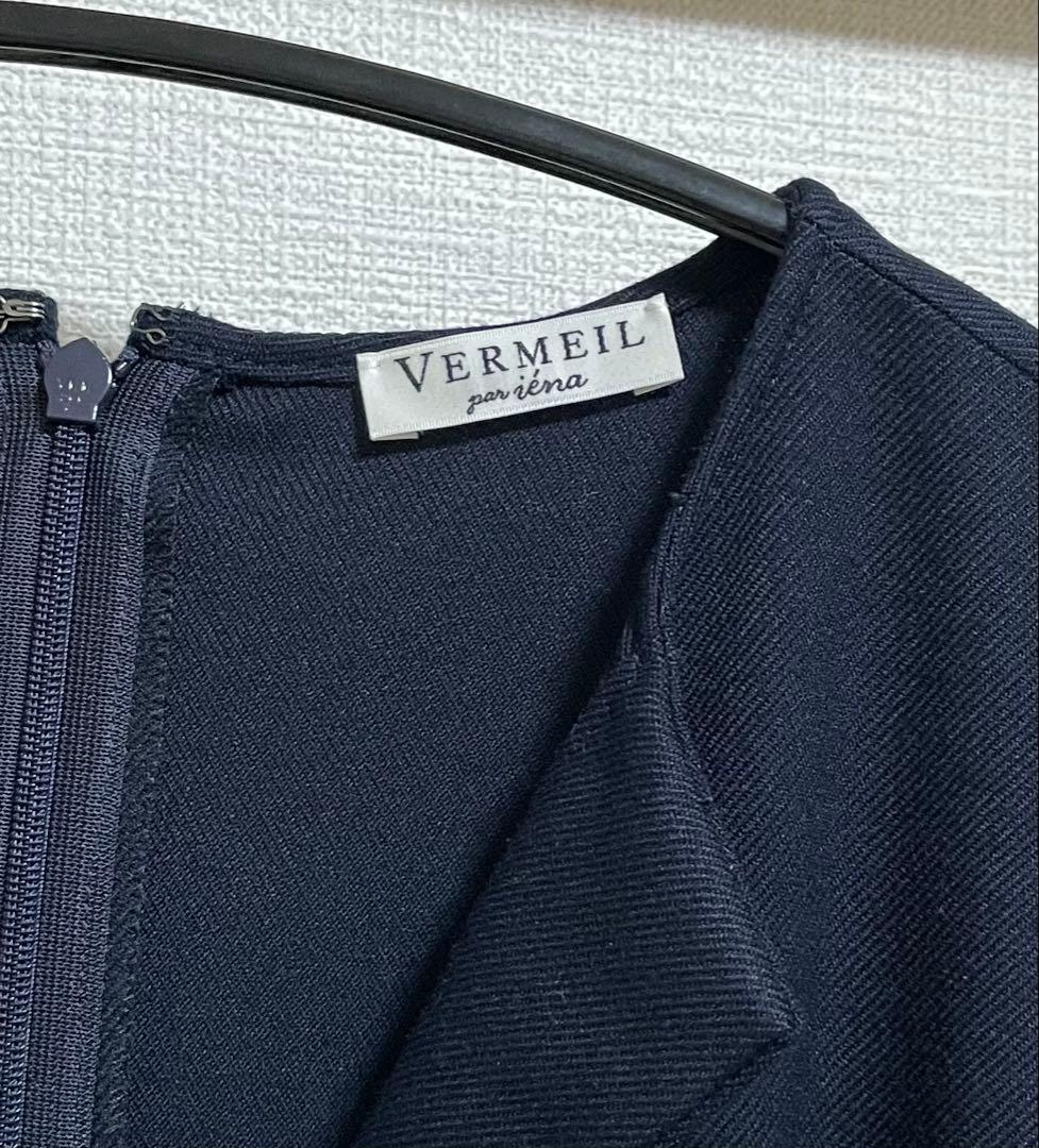 美品VERMEIL イエナ　ienaネイビー パフスリーブ ワンピース