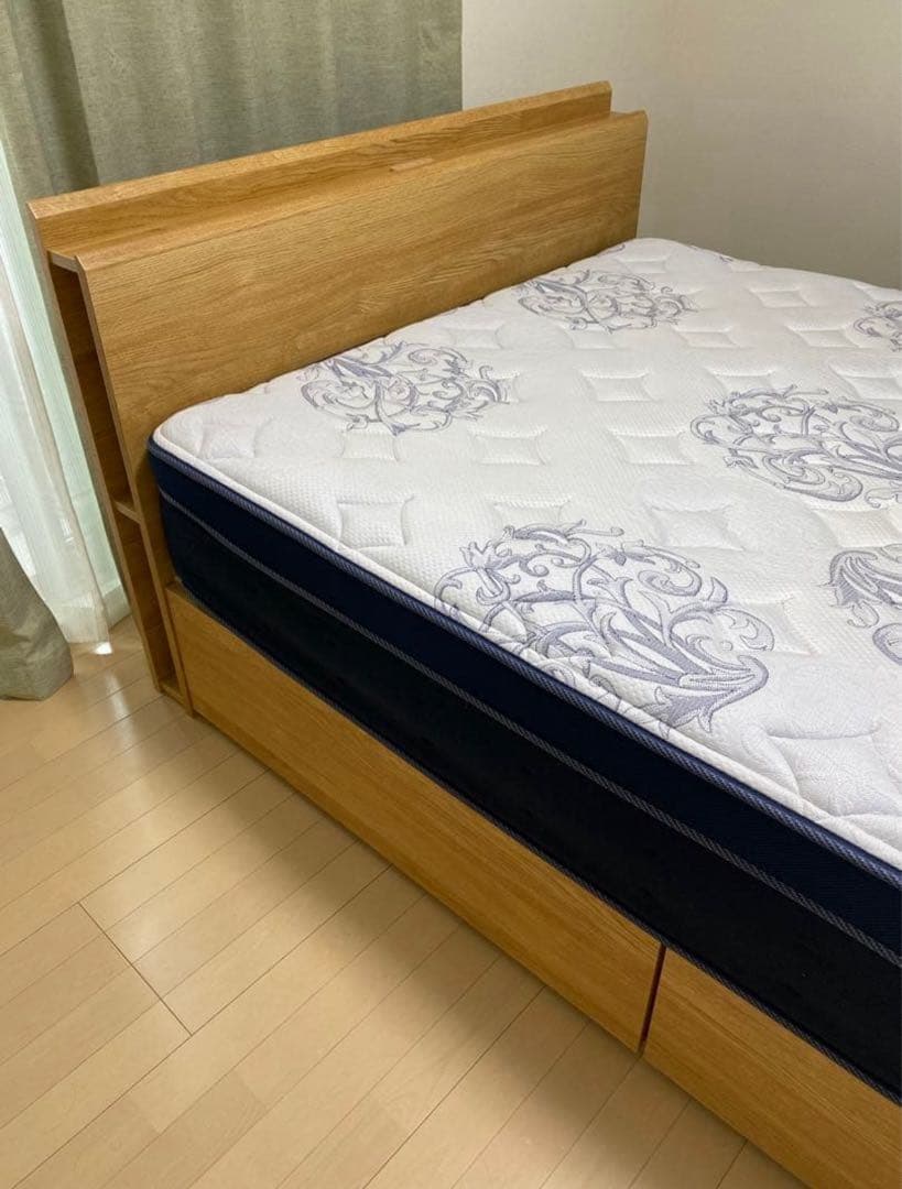 都内配送相談)木製ダブルベッドフレーム＆マットレス 引き出付(解体・受取値下げ！