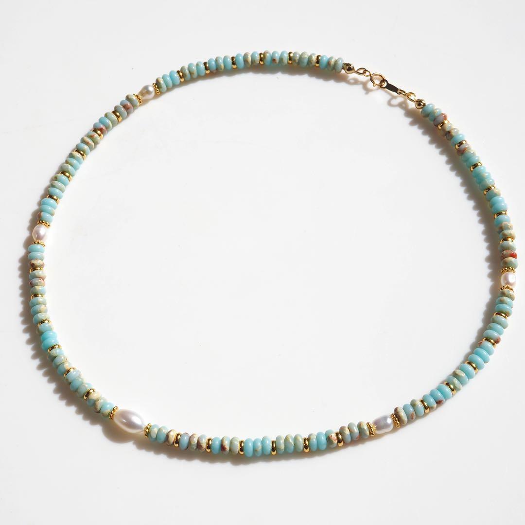 【Ruby】インプレッションストーン×淡水パールのデザインネックレス