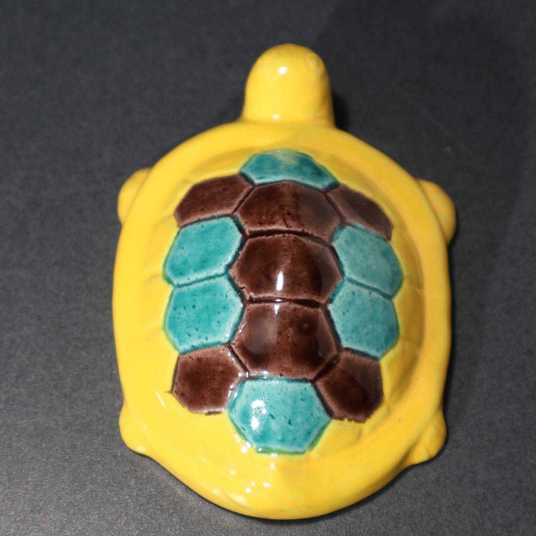 【茶道具】香合　亀　黄交趾　真清水蔵六　共箱　R1569ダN