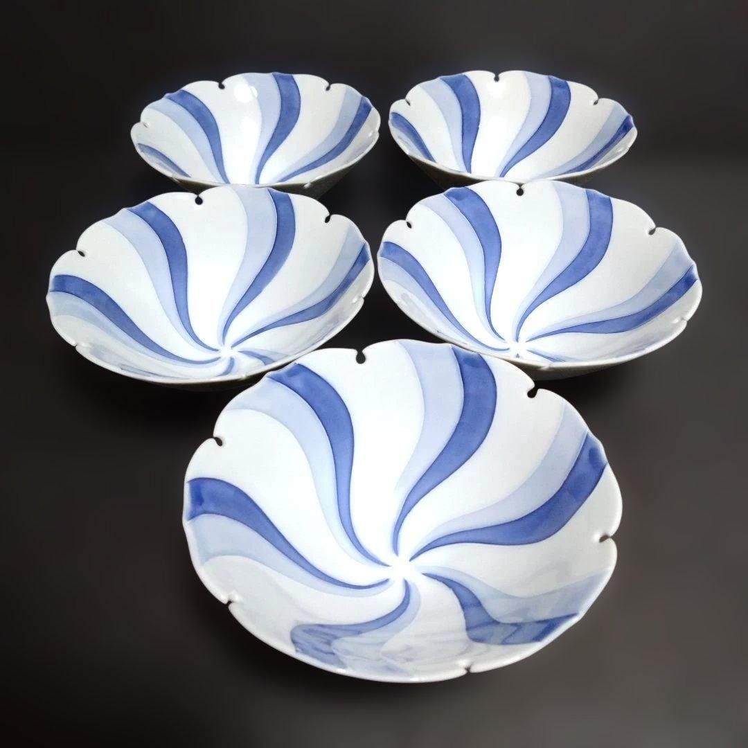 新品 波佐見焼 光琳窯 雪輪型内流水小鉢5個　銘々皿　煮物碗