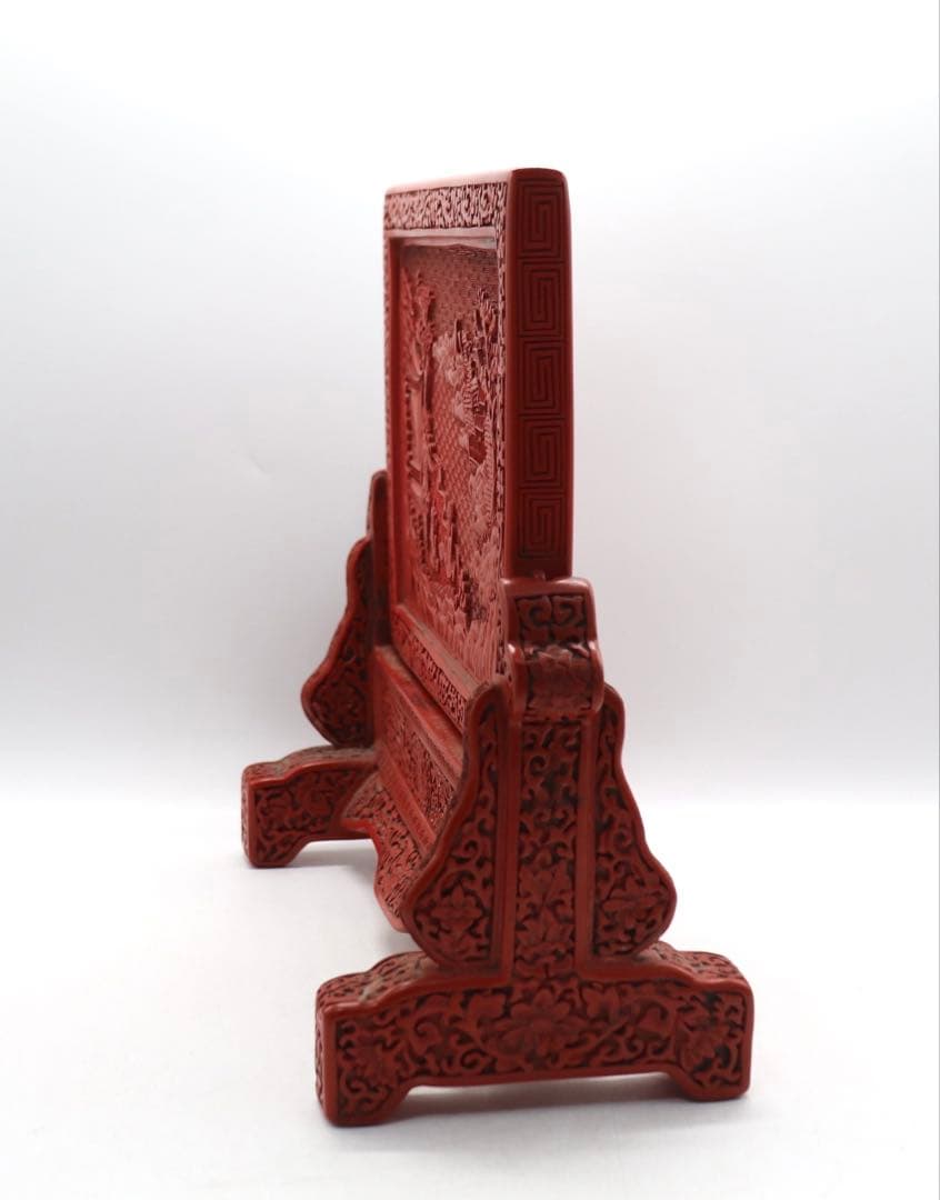 中国　堆朱　硯屏　山水人物&龍紋　送料込み250305