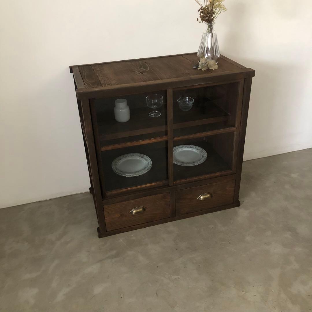 レトロ　アンティーク　古道具　古家具　古民家　ガラス棚　食器棚　箪笥　引き出し