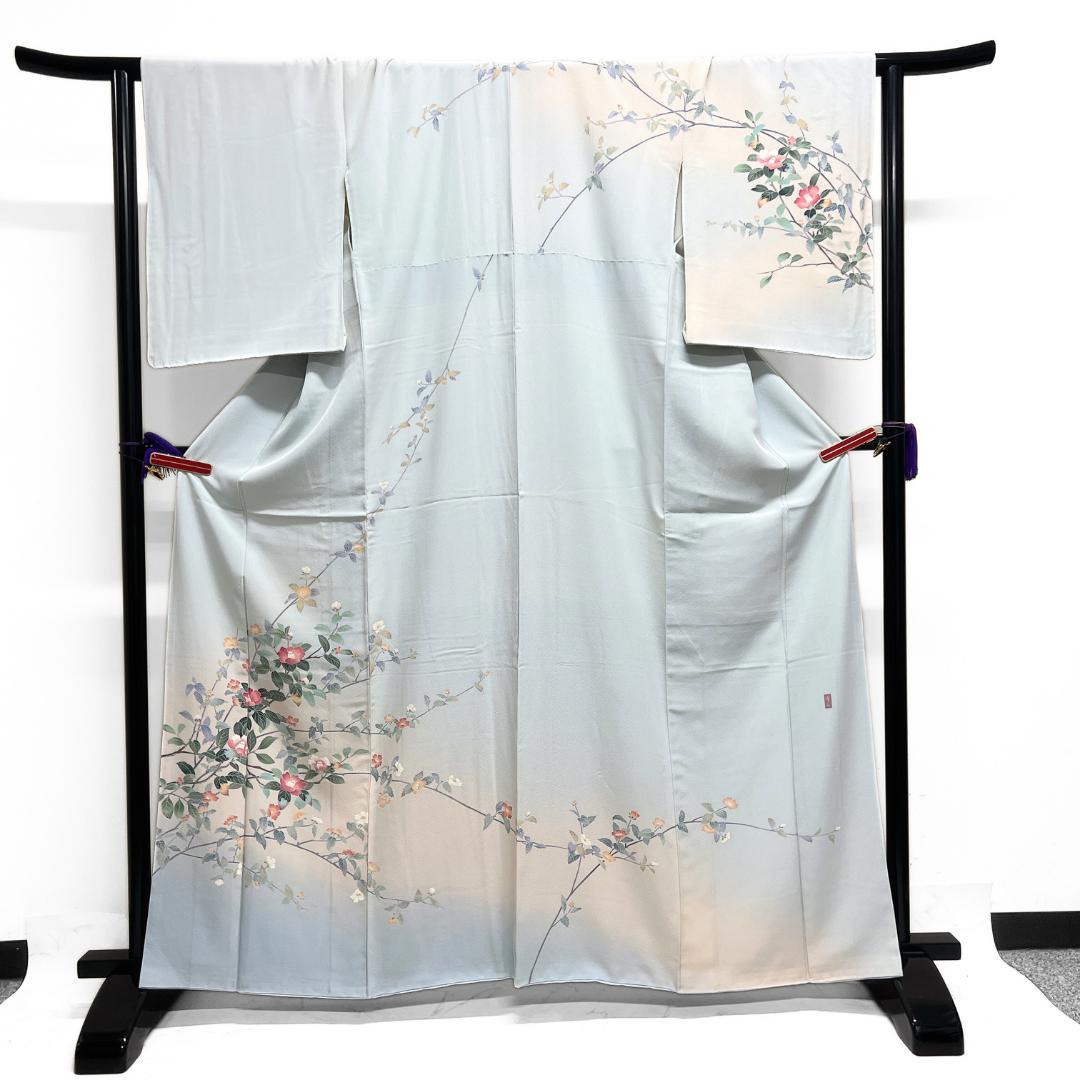 作家もの　訪問着　京加賀友禅　椿　ライトブルー　紋無し　着物　124b d ms