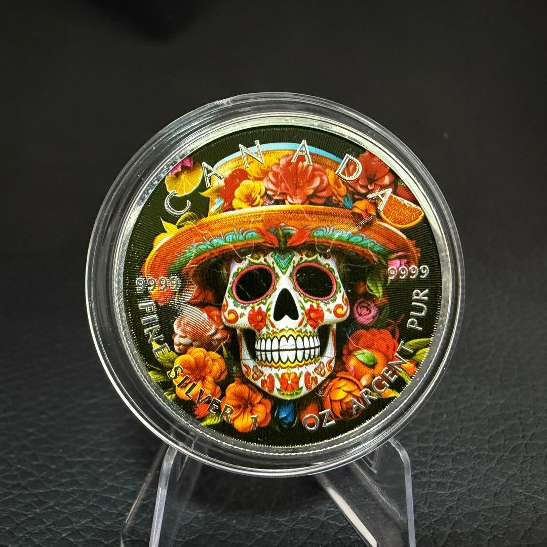 世界100枚限定！ メイプルリーフ 銀貨 カラー メキシカンスケルトン 1オンス