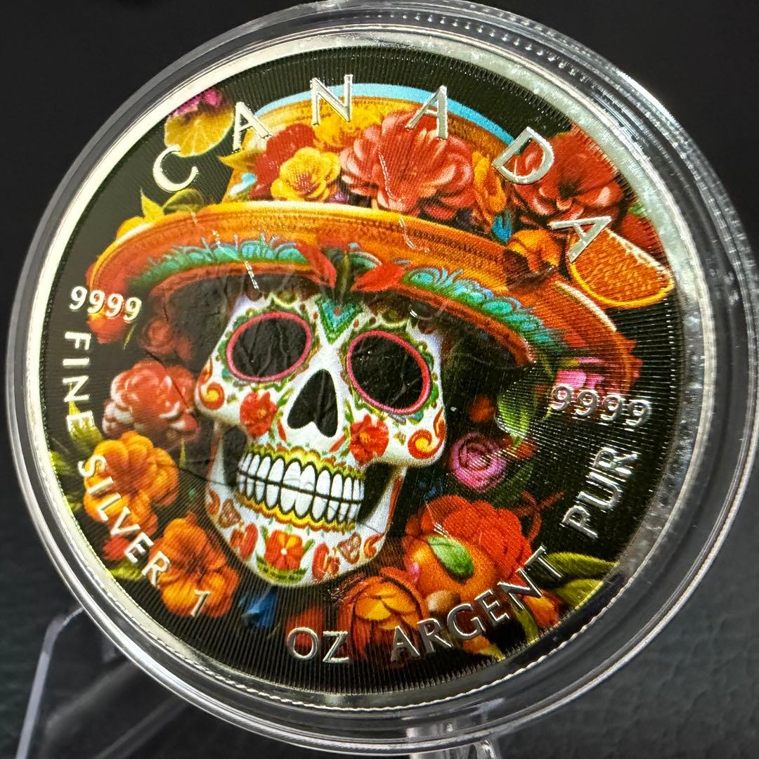 世界100枚限定！ メイプルリーフ 銀貨 カラー メキシカンスケルトン 1オンス