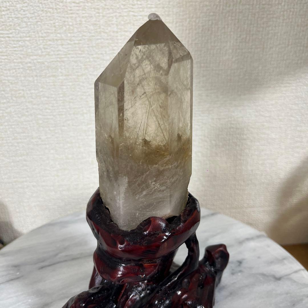 【天然石】ルチルクォーツ　ポイント　タワー　置物 高さ約20cm 流木台座付き