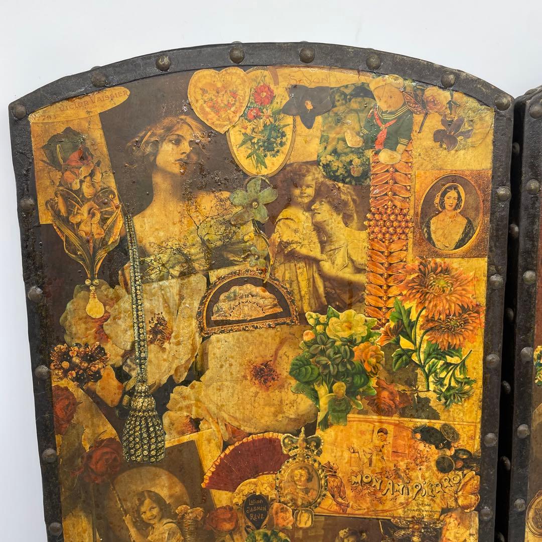 海外製屏風　ヴィンテージ　アンティーク　デコパージュパネル　スクラップスクリーン