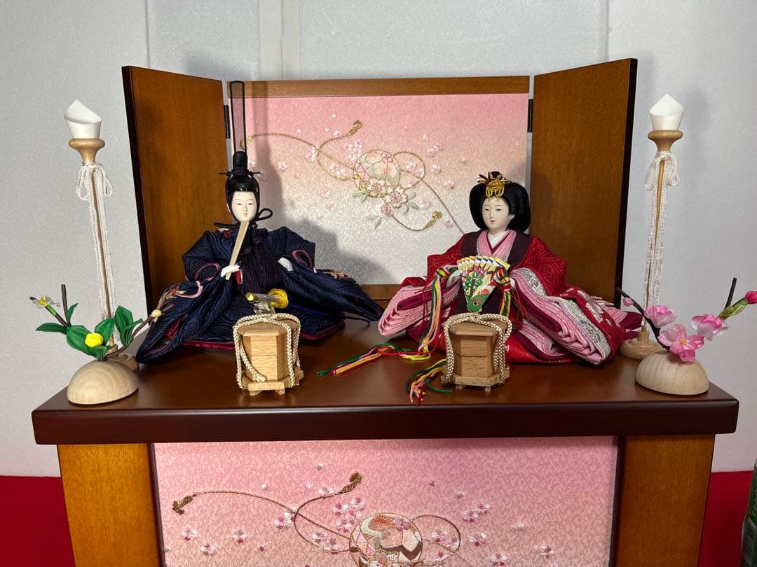 収納式親王飾り　刺繍梅桜　セット