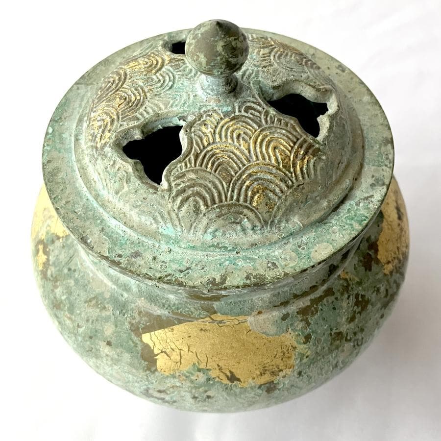 日本香堂 香炉 波千鳥 高岡銅器 銅製 金彩 緑青 古色仕上げ 仏具 茶道具