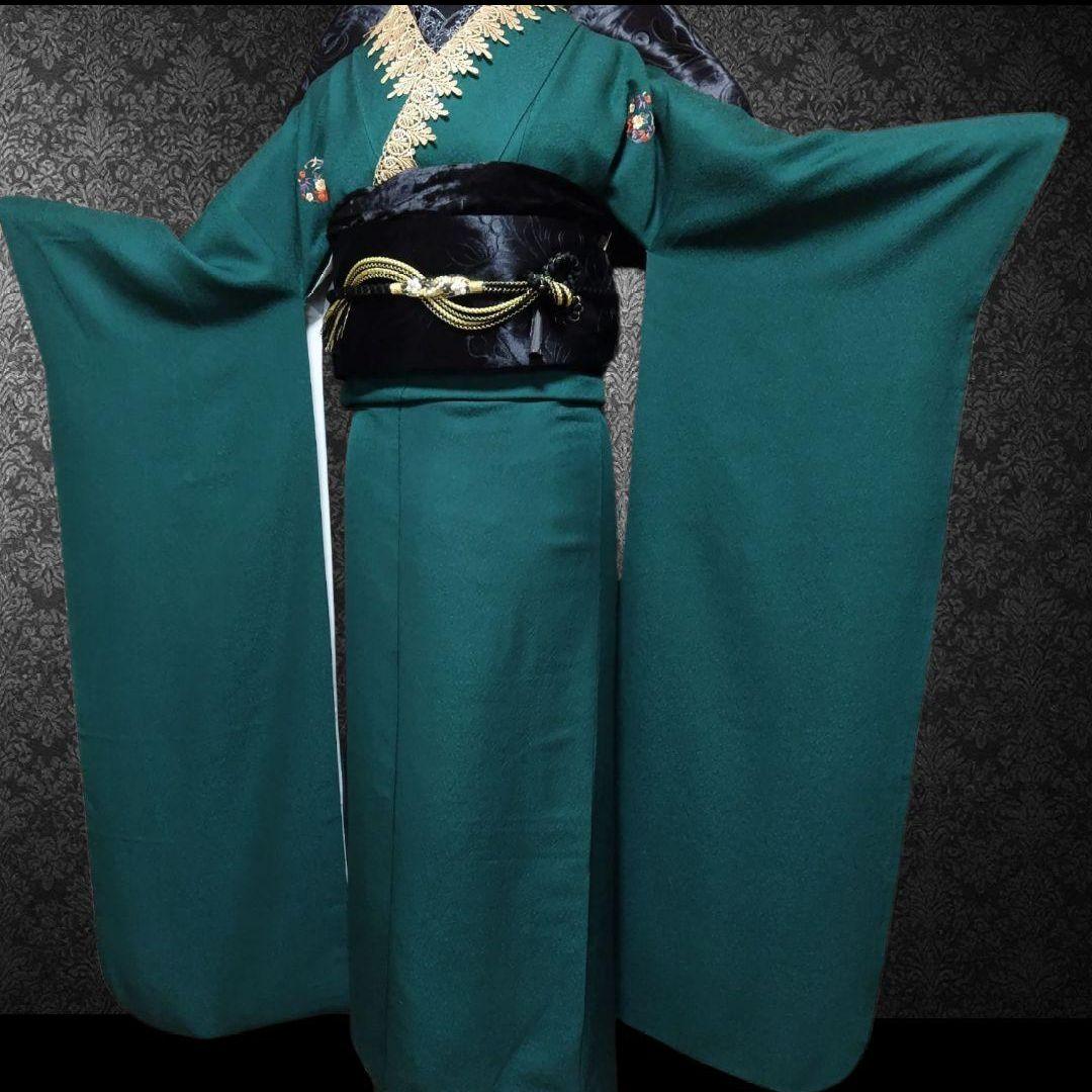 SALE中☆振袖フルセット(7点)・成人式・緑・色無地振袖・三つ紋・モノトーン