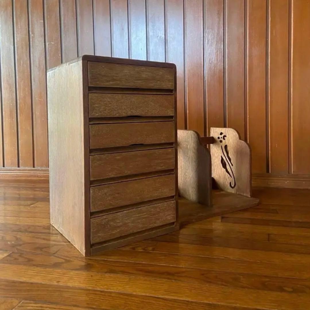 アンティーク　本立て付き小引き出し　古家具　花模様　昭和レトロ