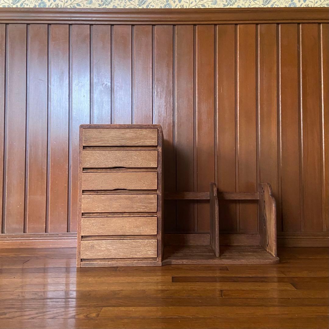 アンティーク　本立て付き小引き出し　古家具　花模様　昭和レトロ
