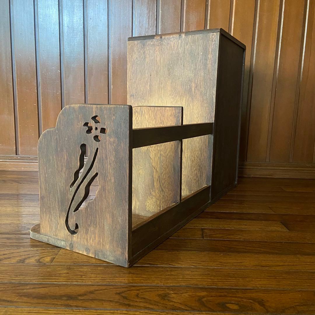 アンティーク　本立て付き小引き出し　古家具　花模様　昭和レトロ