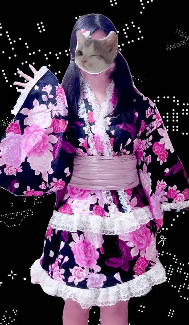 浴衣ドレス 姫ギャル 地雷系 大人用 浴衣レース付き 花柄 黒 ピンク