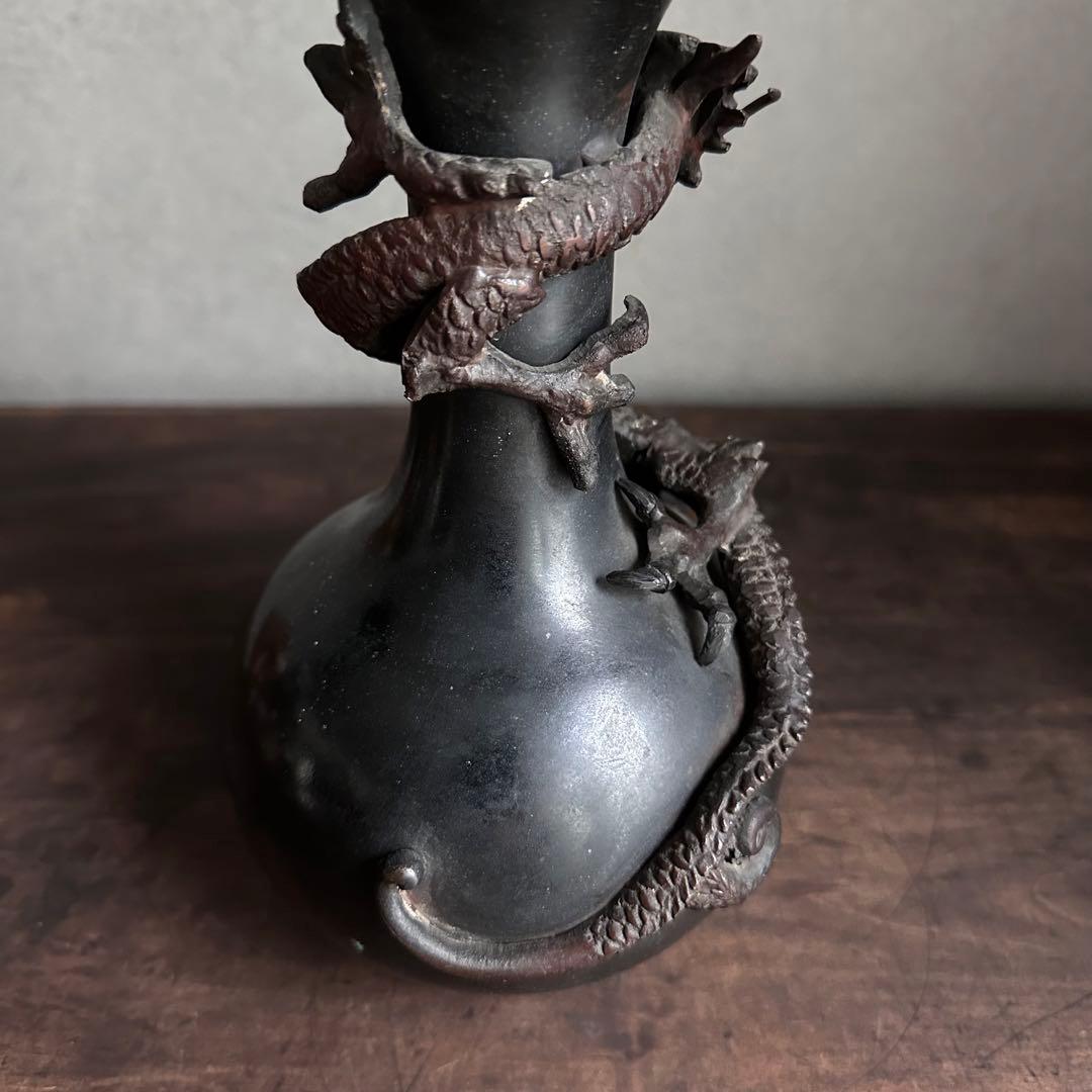 【希少】　古銅　銅製　鉄龍巻　龍巻花瓶　雄峰造　雄峰在銘　花入れ　高岡銅器　小