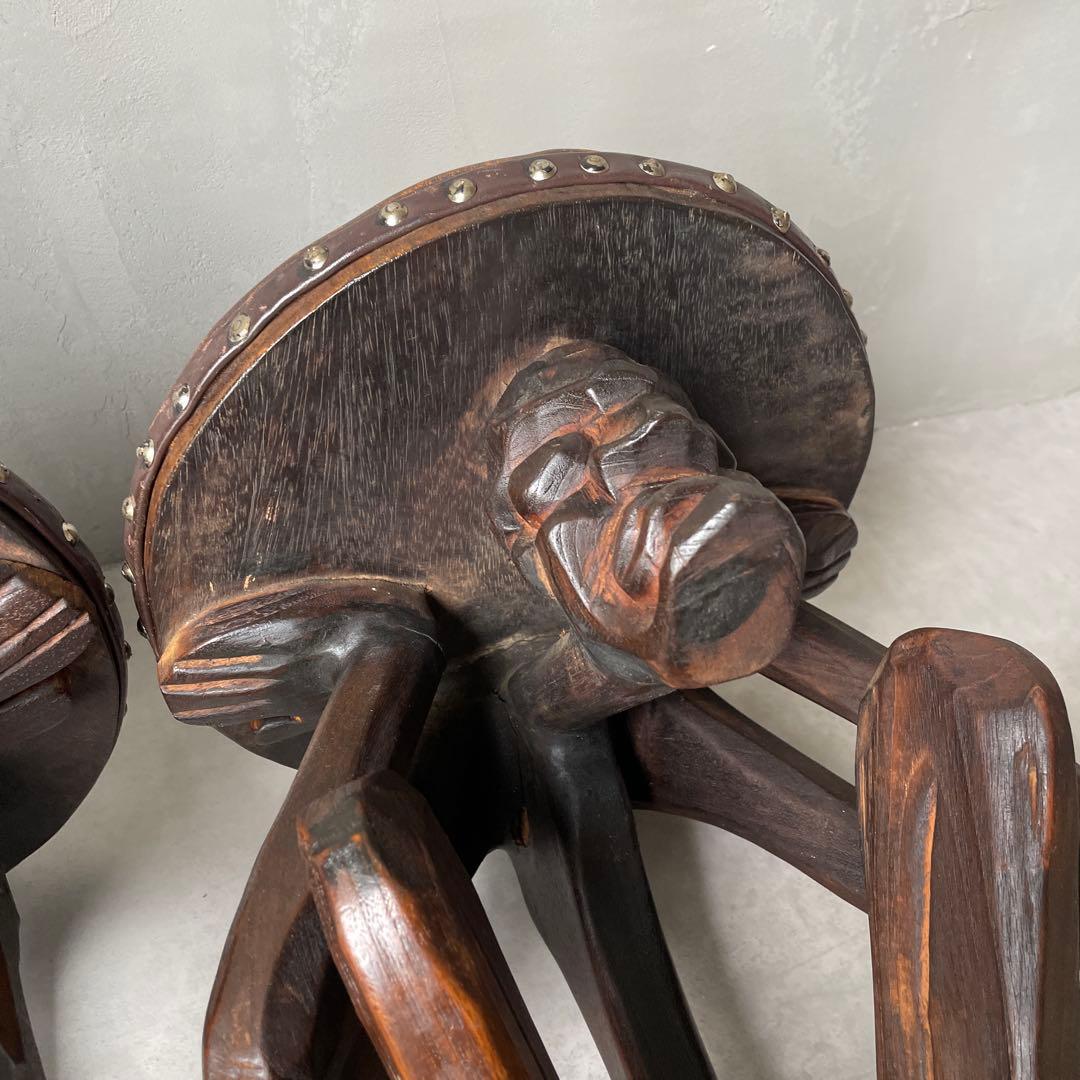 木製　木彫り　アフリカ　スツール　ガーゴイル　丸椅子　ヴィンテージ　民芸