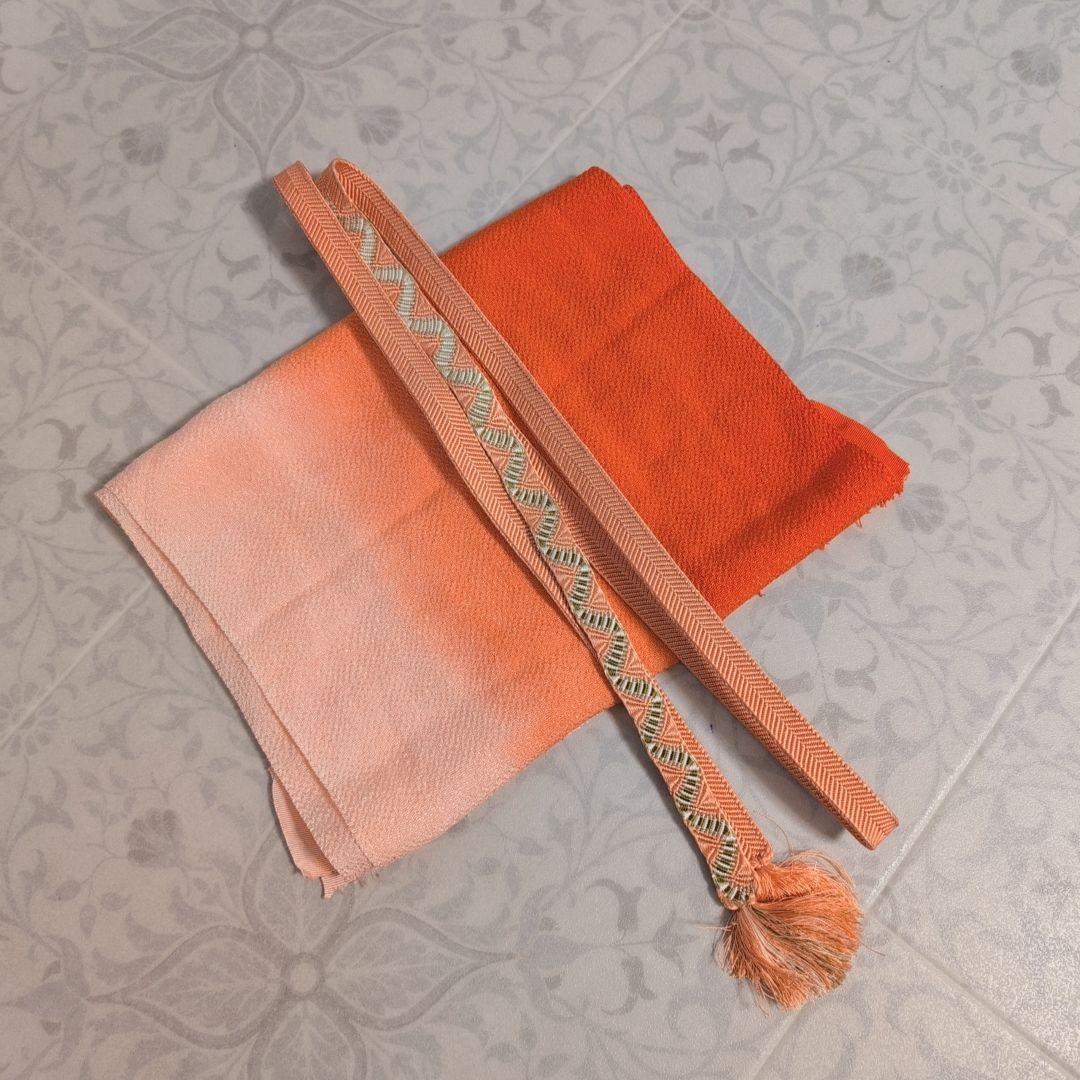 訪問着　フルセット　着物　正絹　赤茶橙　鳥　扇　梅　花　刺繍　しつけ糸　F2