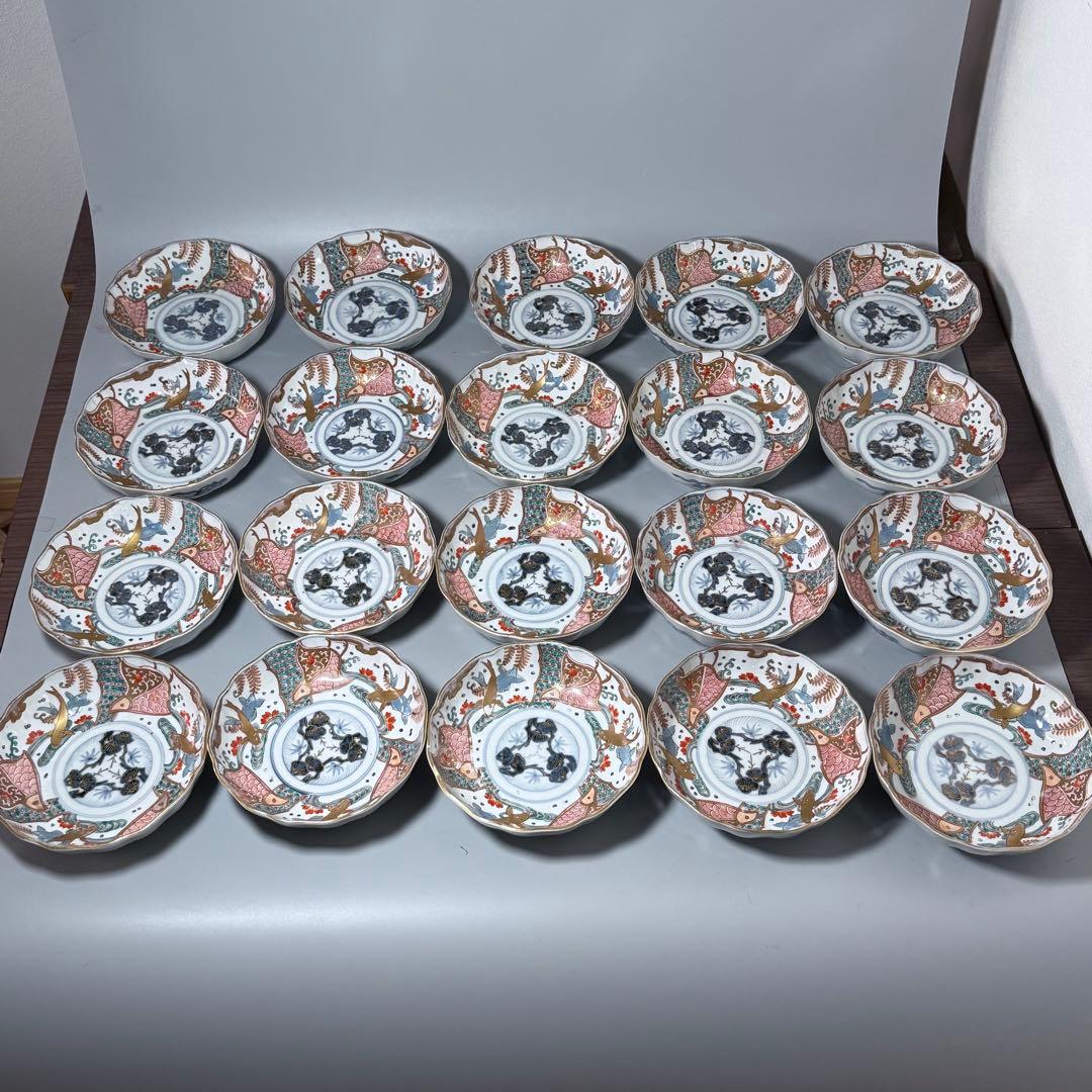 豪商旧蔵品　明治期　色絵鯉千鳥文膾皿　金蘭手　二十客　上手　金鯉　松竹梅　青海波