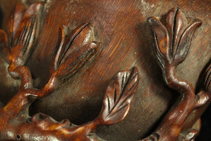 中国美術 竹根 刻 蓮花 碗 洗 13cmx9cm 文房四宝(K-LC561)