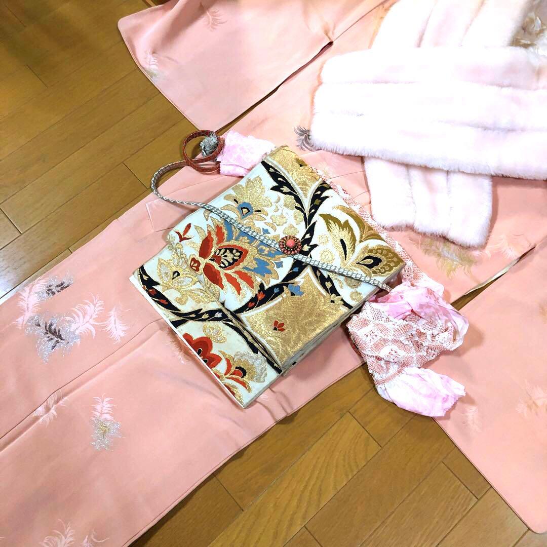 アンティーク　正絹マジョリカ小紋　一つ紋　淡コーラルに羽根模様＋袋帯＋ショール